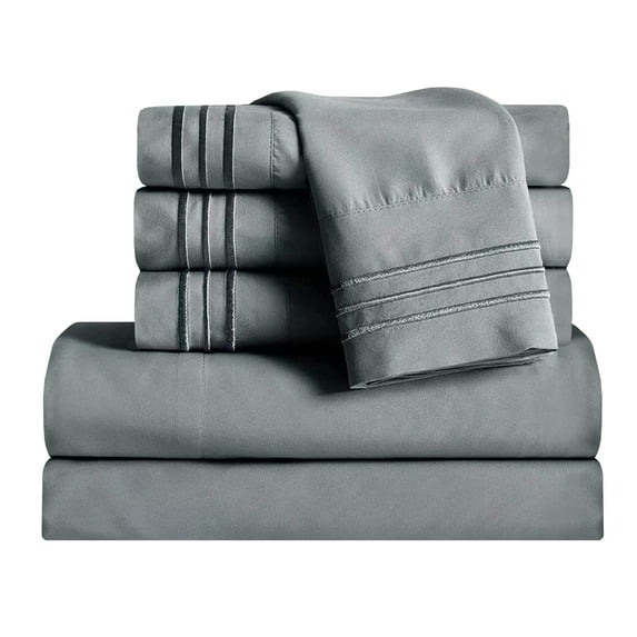 1800 Microfiber Bed Sheet Set 6 Piece Bed Sheets Deep Pocket -Queen Grey