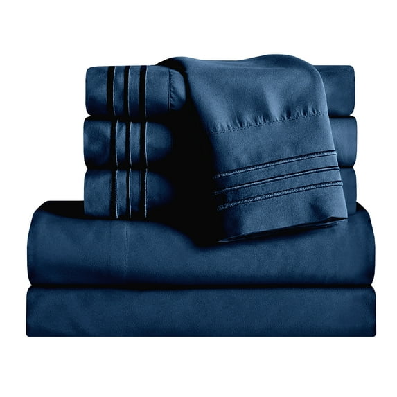 1800 Microfiber Bed Sheet Set 6 Piece Bed Sheets Deep Pocket -Queen Navy Blue