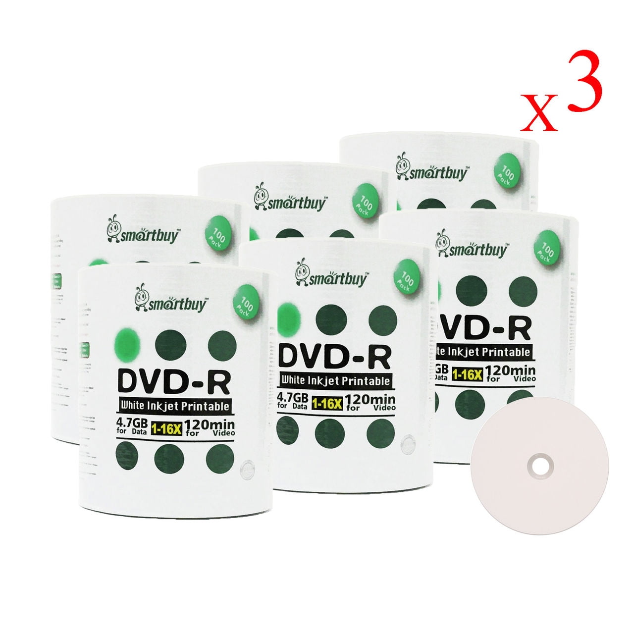 1800 Pack Smartbuy 16X DVD-R 4.7GB 120Min White Inkjet Hub Printable Data Blank Media Recordable Disc
