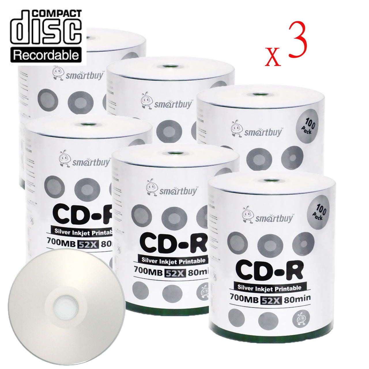 1800 Pack Smartbuy 52X CD-R 700MB 80Min Silver Inkjet Hub Printable Data Blank Media Recordable Disc