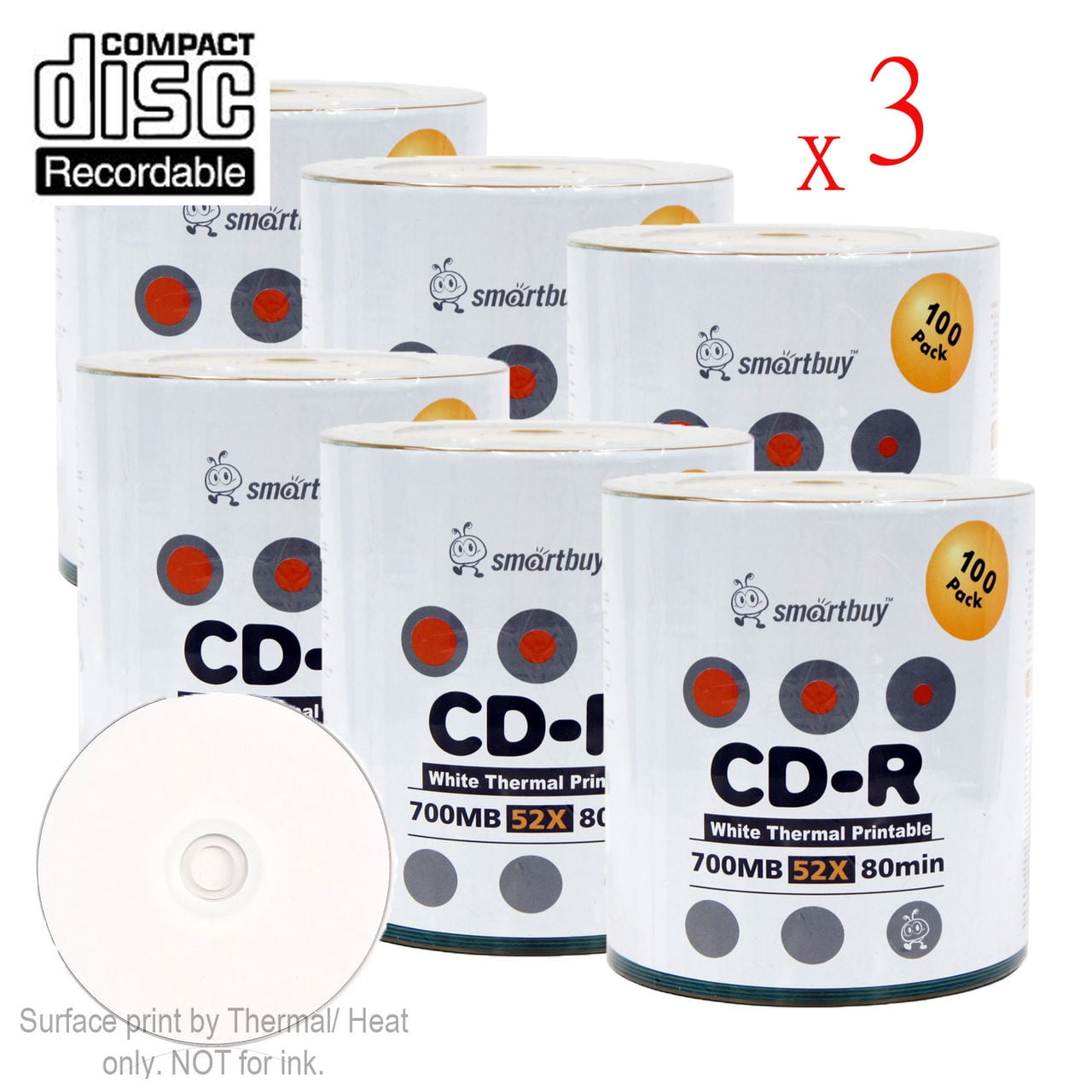 1800 Pack Smartbuy 52X CD-R 700MB 80Min White Thermal Hub Printable Data Blank Media Recordable Disc