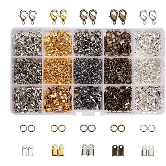 1800 Pcs Jewelry Finding Kits 5 Colors Cord Ends Lobster Claw Clasps 5mm Jump Rings for Earring Bracelet Necklace Pendants Jewelry DIY Craft Making 24 Styles/Set