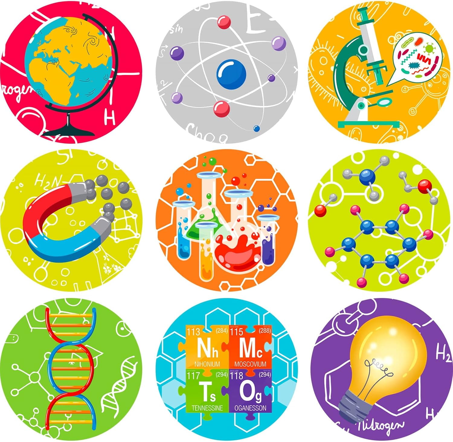 1800 Pcs Science Stickers for Party Favor Stickers Bulk Chocolate Science Decals for Chemistry Laboratory Birthday Theme Party Favors, 9 Styles