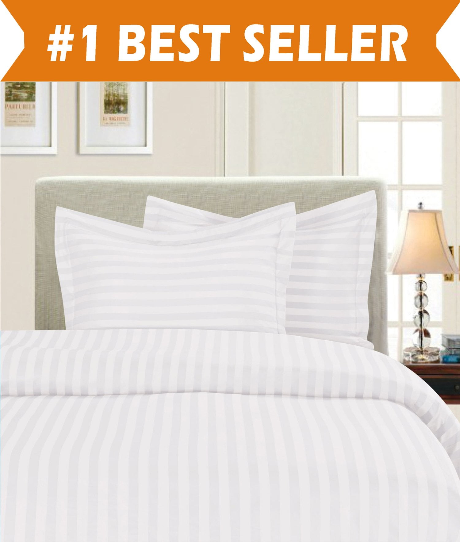 1800 Premier Hotel Collection DAMASK STRIPE Duvet Cover Set, Full/Queen, White