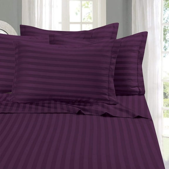 Mocassi 1800 Thread Count Egyptian Quality Damask Stripe 6-Piece Bed Sheet Set, California King, Eggplant/Purple