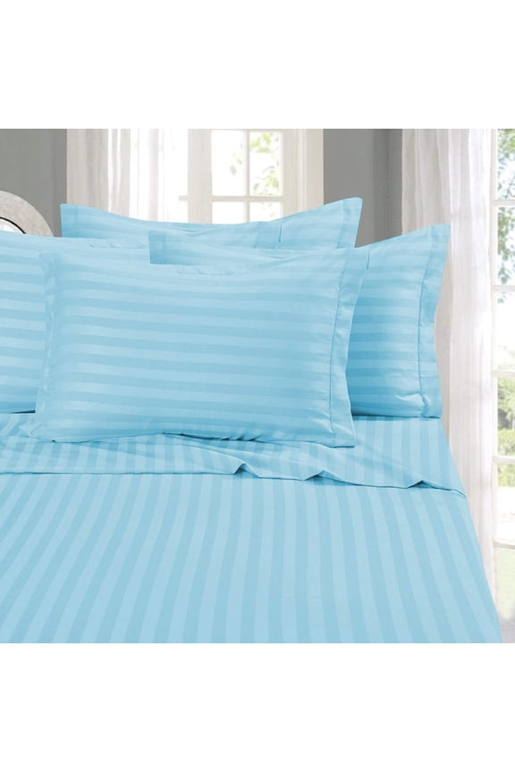 Egyptian Luxurious 6-Piece Damask Stripe Bed Sheet Set, Queen Aqua Blue