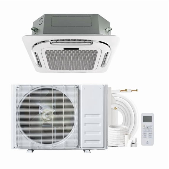 18000 BTU Ceiling Cassette Mini Split Air Conditioner & Heater, Ductless 360° 8-Way Airflow, 37dB Quiet Operation, R454B Refrigerant, 25ft Installation Kit, Remote Control 230V for Home Commercial