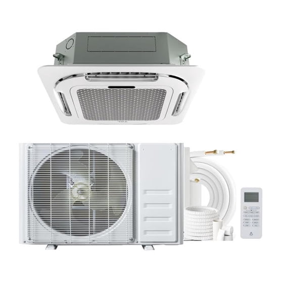 18000 BTU Ceiling Cassette Split AC, 360 8-Way Airflow Ductless Heater & Cooler with Remote Control, 208/230V, 25ft Installation Kit