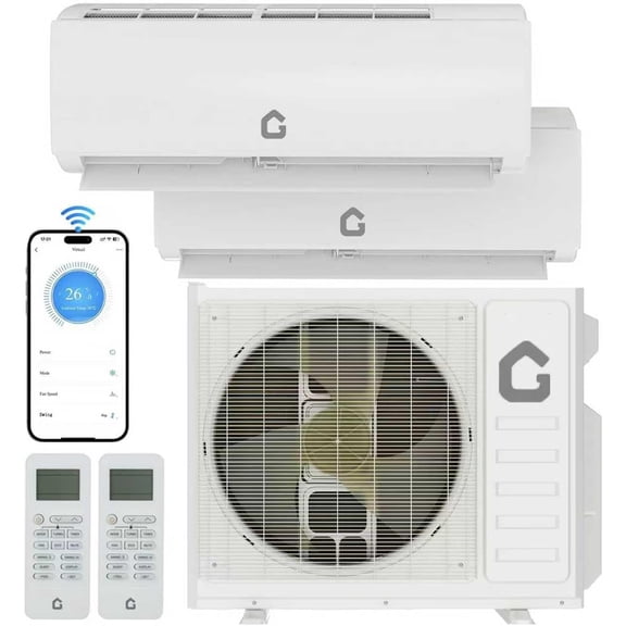 18000 BTU Dual Zone WIFI Mini Split AC/Heating System, 24 SEER2 2 Zone 9000 + 12000 BTU Ductless Split Air Conditioner with Heat Pump & Copper Line Set, 230V