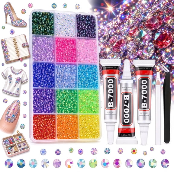15000Pcs Resin Jelly Rhinestones for Bedazzling,BYKXU Multicolor 3mm Flatback Rainbow Gems, Bedazzled Kits with 3Pcs 10ml B7000 Jewelry Glue for Crafts Crafting Book Clothing Shoes Nail Art