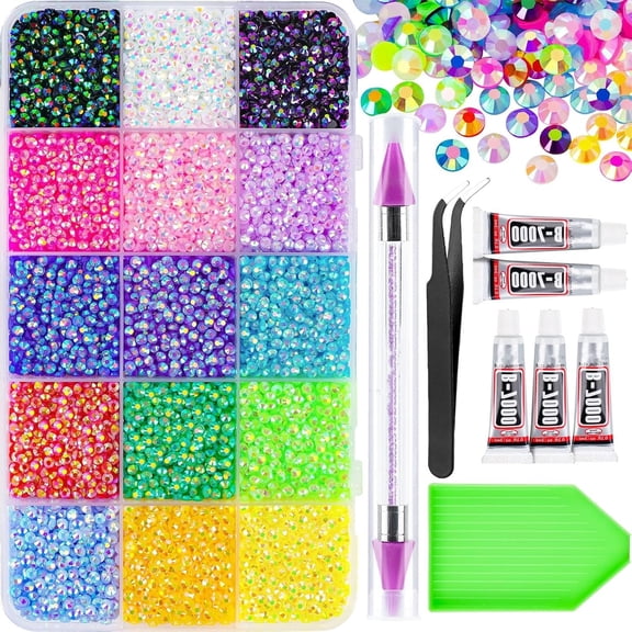 18000Pcs Resin Jelly Rhinestones for Bedazzling, Multicolor 3mm Flatback Rainbow Gems, Bedazzling Crystal with 4Pcs 2.5g Jewelry Glue, Rhinestone Picker for DIY Crafting Clothes Shoes Nail Art