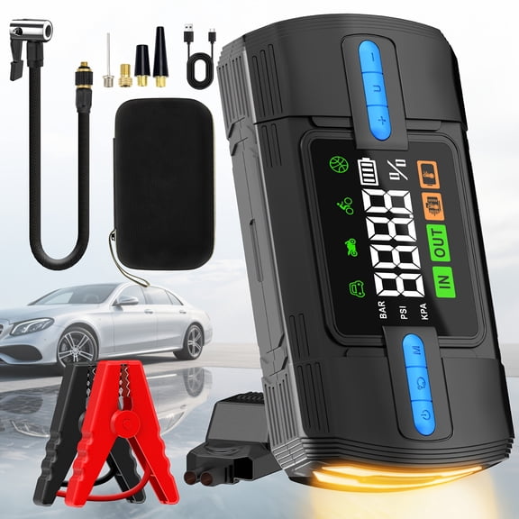 18000mAh 3000A Portable Wireless Car , Emergency Jump Starter, With Air Compressor, 160PSI, Battery Emergency Start, Portable Peak, USB Input/Output, With Extra Large LCD Display And Light