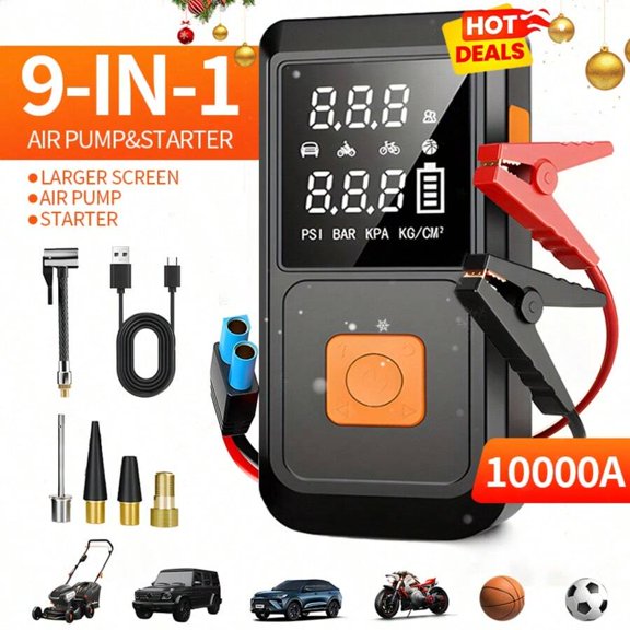18000mhA Peak 150PSI Jump Starter With Air Compressor, 5 In 1 Function Jump Box Battery Pack, Digital Tire Inflator, Car Battery Charger, Fast Charging USB Output, LED Emergency Lighting