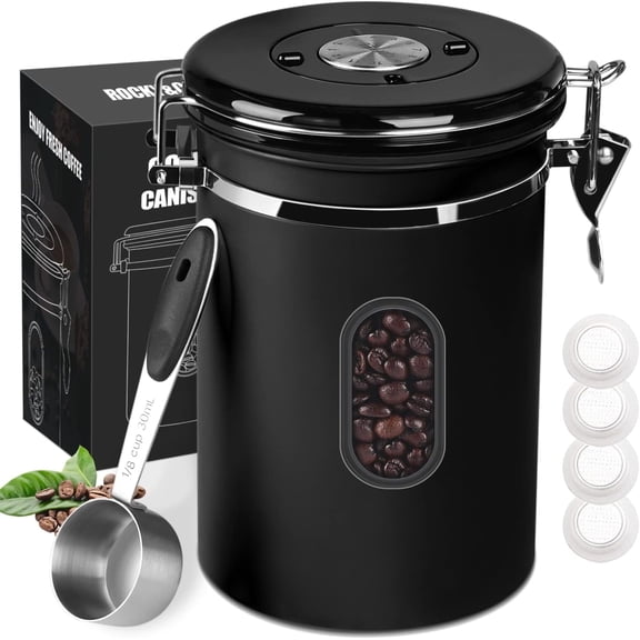 FacoFaco 1800ML Airtight Coffee Canister with Date Tracker and Window, 30ML Measure Spoon&4 co2 Valve (22.8OZ, Black)