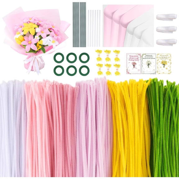 1800PCS Pipe Cleaners Flower Kit, Pipe Cleaners Craft Bulk Chenille Stems Flower Making Set with Floral Wrapping Paper, Gardening Tape, Stamen, Floral Wires & Ribbon for Art and Craft Supplies