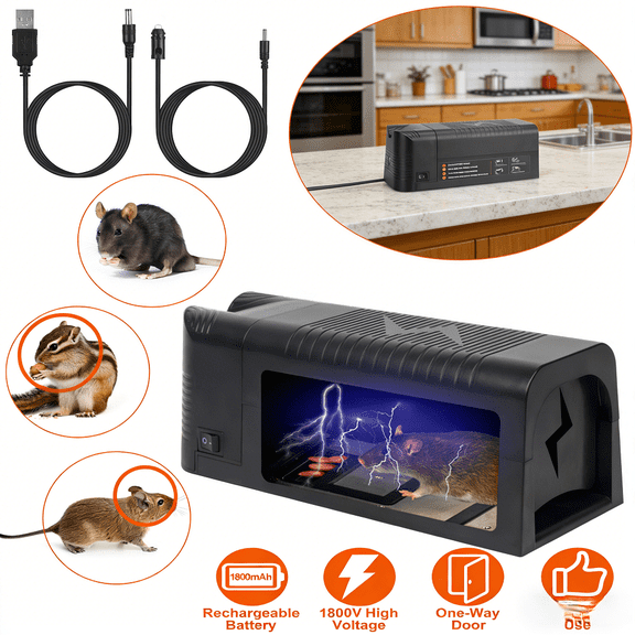 1800V Electric Rat Trap Rechargeable Mouse Zapper Humane Rodent Control Device One Way Entry Electronic Pest Trap Indoor Outdoor for Mice Rats Squirrels Kitchen Attic Garage Home Reusable