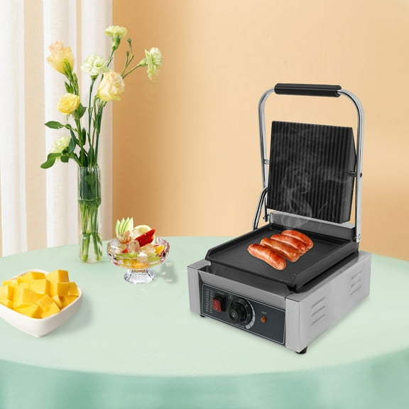 1800W 110V Commercial Panini Press Grill, Double-Sided Heating Sandwich Maker w/ Enamel Coating for Restaurants & Food Trucks
