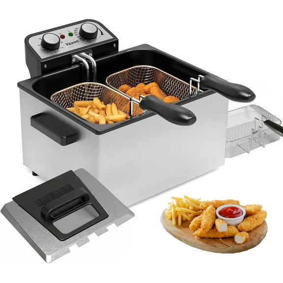 1800W 5 Liters/21 Cups Large Electric Deep Fryer with 3 Frying Baskets, Adjustable Temperature,View Window Lid,Countertop Stainless Steel Body Deep Fryer Pot,Perfect for Kitchen,Fry Fish for Home Use