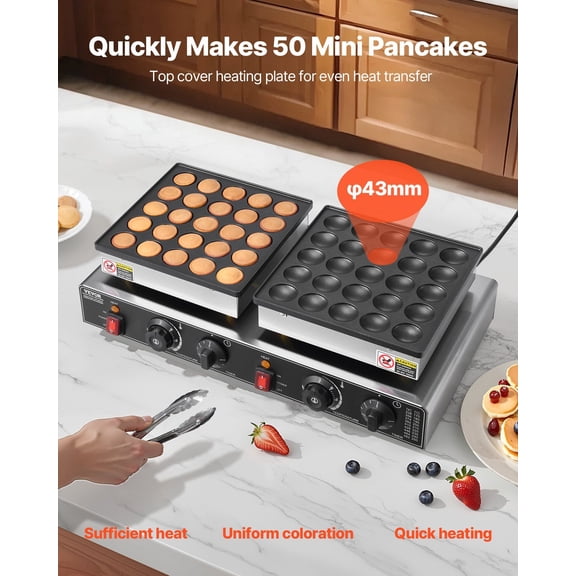 1800W Commercial Electric Poffertjes Pan, Dual Temperature & Time Control, Non-Stick Mini Dutch Pancake Maker (50 PCs), Stainless Steel Dorayaki Baker for Breakfast Dessert, Restaurant Kitchen Use