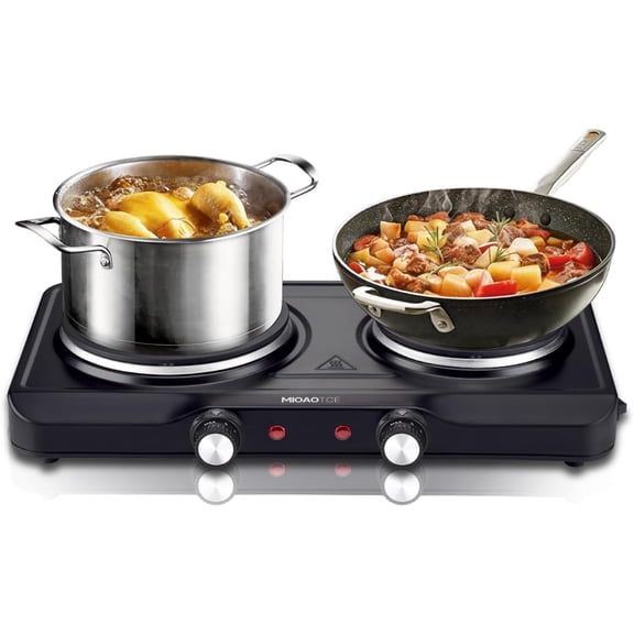 1800W Double Burner Electric Hot Plate with 6.1" and 7.2" Cast Iron Heating Plates