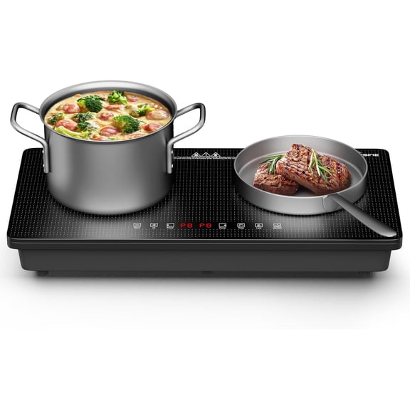 1800W Double Induction Cooktop with Dual 900W Burners, Minimalist Design, Touch Control, 8 Power Levels, Timer & Safety Lock for Kitchen RV Countertop Use