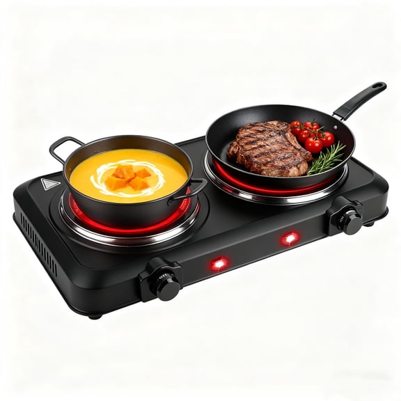 1800W Dual Electric Stove Infrared Dual Burner Portable Hot Plates Glass Double Cooktop Countertop Counter Stove Stepless Temperature for Kitchen RV Camp (Black) Y101