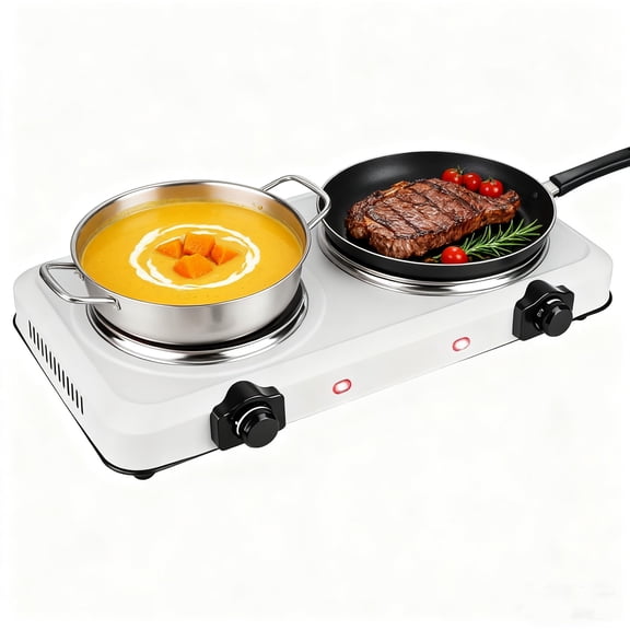 1800W Dual Electric Stove Infrared Dual Burner Portable Hot Plates Glass Double Cooktop Countertop Counter Stove Stepless Temperature for Kitchen RV Camp (White) Y101