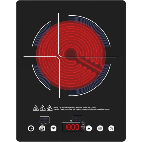 1800W Electric Cooktop, 110V Single Burner Stove with Overheat Protection and Adjustable Power Levels - Portable Ceramic Stove for Kitchen, Travel, RV