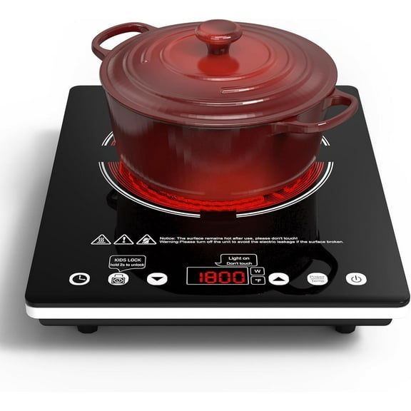 1800W Electric Cooktop, 110V Single Burner Stove with Overheat Protection and Adjustable Power Levels - Portable Ceramic Stove for Kitchen, Travel, RV