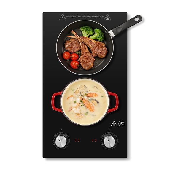 Sunmaki 2 Burner Electric Cooktop 1800W Portable Electric Stove Black 12 inch with Knob Control