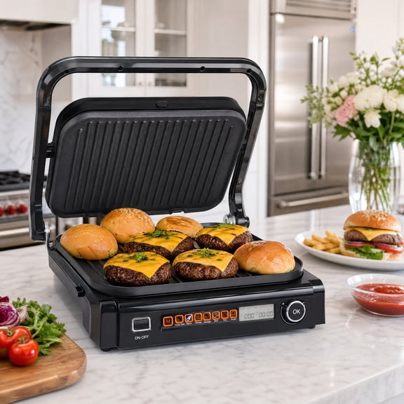 1800W Electric Indoor Grill Griddle Panini Press Intelligent 7CookingProgram Countertop Grill with NTC Temp Time Control Auto Thickness Detection Removable NonStick Plates for Home