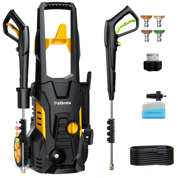 1800W Electric Pressure Washer, 5000PSI Max 3.0 GPM with 4 Nozzles, Portable High Pressure Cleaning Machine Washer with 25FT Cord, 23FT Hose, for Cars, Driveways, Fences, Patios - Yellow