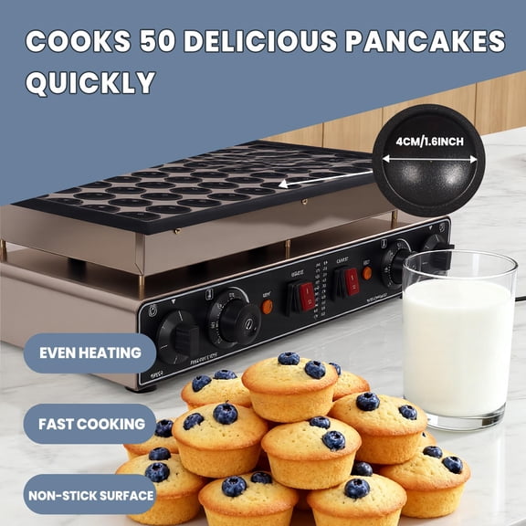 1800W Fast Heating Pancake Griddle, Dual-Control Timer Takoyaki Maker, 50-Cavity Non-Stick Electric Baker, Commercial Pancake Machine for Cafe Restaurant