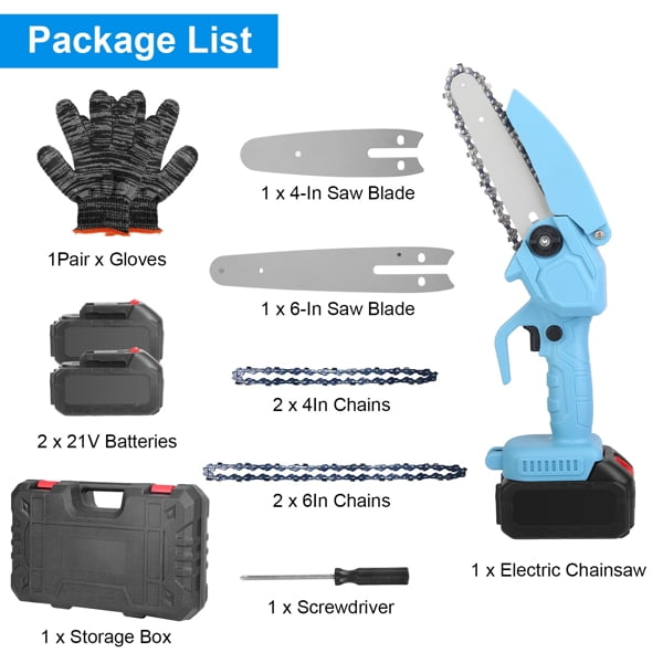 4" & 6" Cordless Mini Chainsaw Set - 20000RPM with 2 Batteries, 2 Chains & Safety Gloves, Electric Brushless Saw for Wood/Tree Cutting, Blue