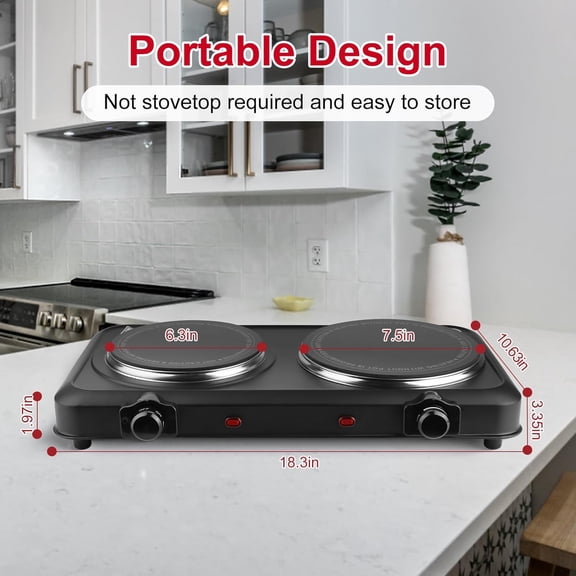 1800W Hot Plate, Portable Electric Stove Countertop Double Burner Infrared Burner with 7.5 & 6.3 Ceramic Glass Cooktop Stepless Temperature Adjustments for Home