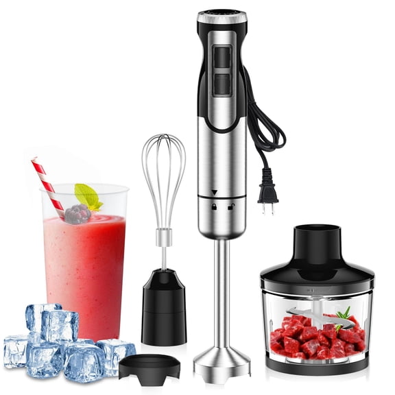 1800W Immersion Blender Handheld 4-in-1 Hand Blender Stick for Ice Crushing Smoothie, Baby Food, Soup, 8 Speed Hand Mixer Turbo Boost Stainless Steel Blade with Whisk, Chopper, Beaker