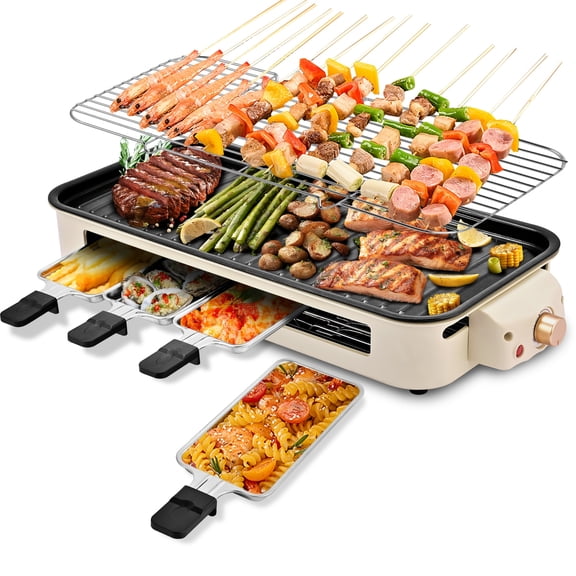 1800W Indoor Smokeless Electric Griddle, Detachable Cooking Unit with Non-Stick Grill Mesh & Frying Pan Insert