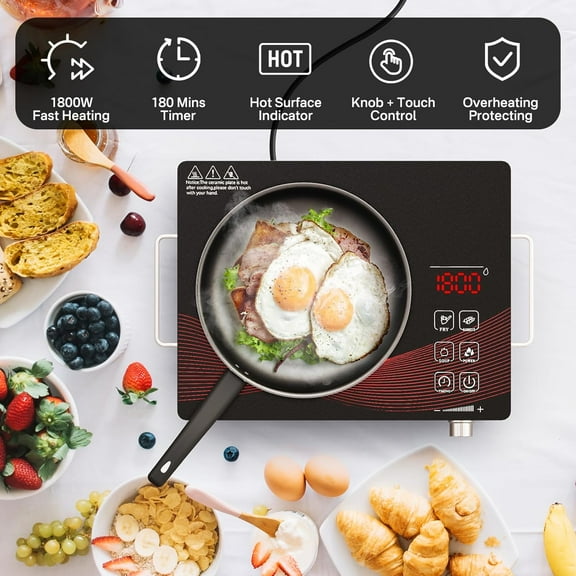 1800W Infrared Hot Plate, Portable Electric Ceramic Cooktop with Timer & Touch Control, 18 Heat Levels Single Burner, Non-Induction Countertop Stove for All Cookware, 110V