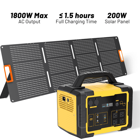 1800W Solar Generator with 200W Solar Panel, 1024Wh Portable Power Station, 120V Pure Sine Wave AC Outlet, USB-C PD, DC Ports, for Camping, Home Backup, RV, Outdoor & Emergencies