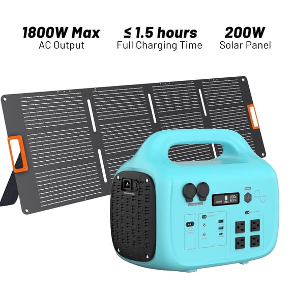 1800W Portable Power Station with 200W Solar Panel, 1024 Wh Solar Generator with 11 Ports , 1800W Peak for Home Backup,Camping,RV, Emergency, Camping, Outdoor