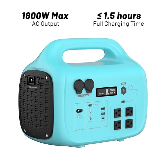 1800W Portable Power Station Solar Powered Generator ,1024Wh Battery with 11 Outlets (AC/DC/USB-C) for Camping, CPAP, Construction, Home Backup Emergency Kit, Outdoor Entertainment