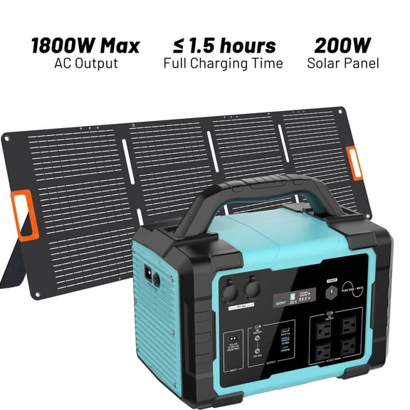 1800W Portable Solar Generator with 200W Foldable Solar Panel, 11 Outputs for Outdoor Camping, Home Emergency & Car Power, Lightweight & Fast Charging