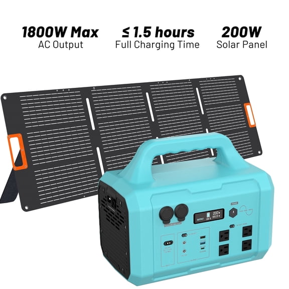 1800W Portable Solar Generator with 200W Foldable Solar Panel for Home Backup, Emergency & Outdoor Power Station for Camping, RV, and Smart Devices (Blue)