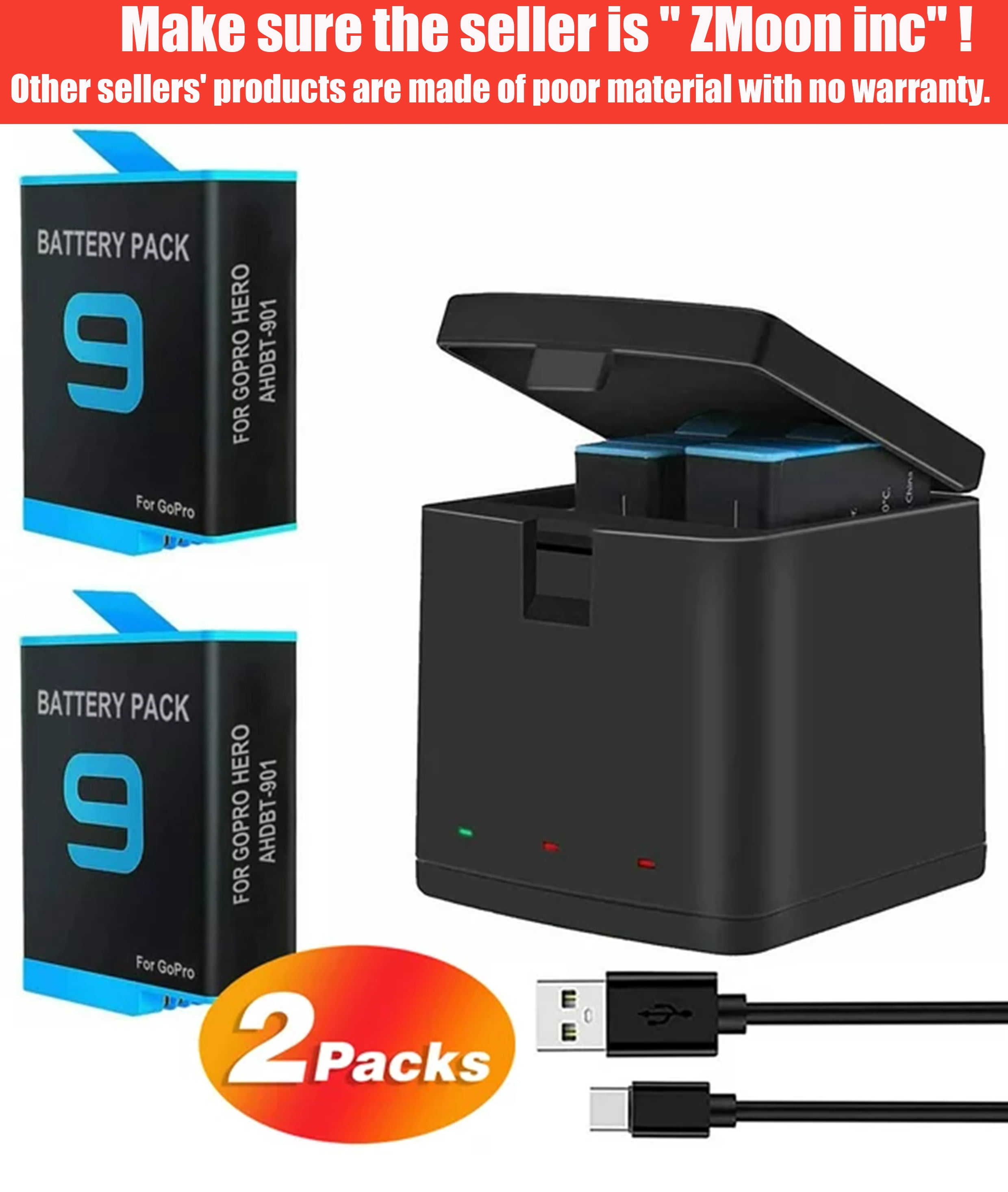 REYTRIC GoPro Hero 9/10/11/12 Batteries 2-Pack With 3-Channel Charger - 2000mAh Replacement Batteries & Storage Case