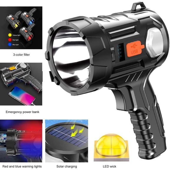 1800mah 3000LM Solar/USB Rechargeable LED Spotlight Flashlight, Handheld Waterproof Searchlight with Long Range for Outdoor, Emergency, and Camping