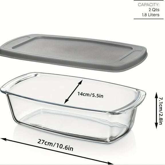 1800ml/1.9Qt Large Rectangle Glass Bread Baking Dish with Lid, Handle, Stackable Microwave & Oven Safe Sealable Storage Pan