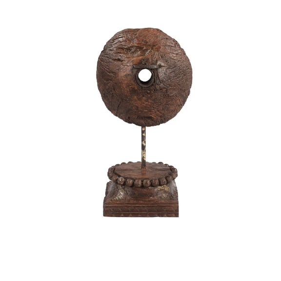 1800s Antique Pulley Repurposed Display On Column Base | Rustic Shelf Table Dcor | Mancave Wooden Decor| Primitive Aged 23 in. Tall Piece