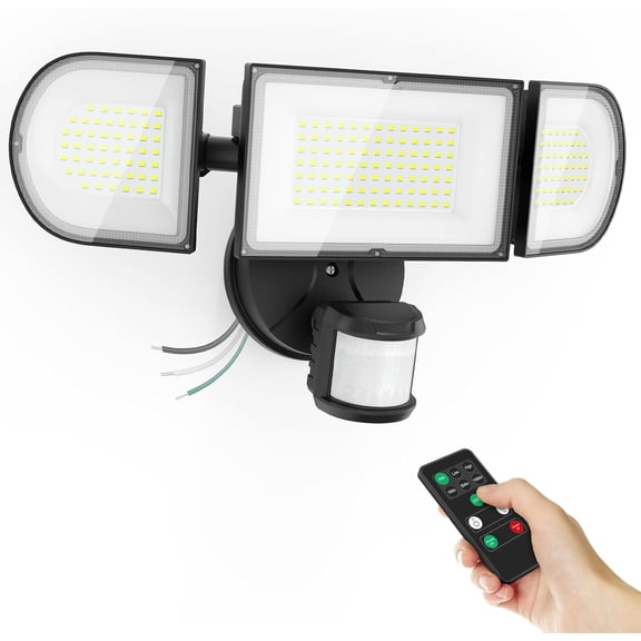 18018000 Motion Sensor Outdoor Light with Remote, Dusk to Dawn Security Floodlight, 6500 Hardwired Wall Light, 3 Modes, 3 Brightness Levels, 65 Suitable for Garage Yard Black