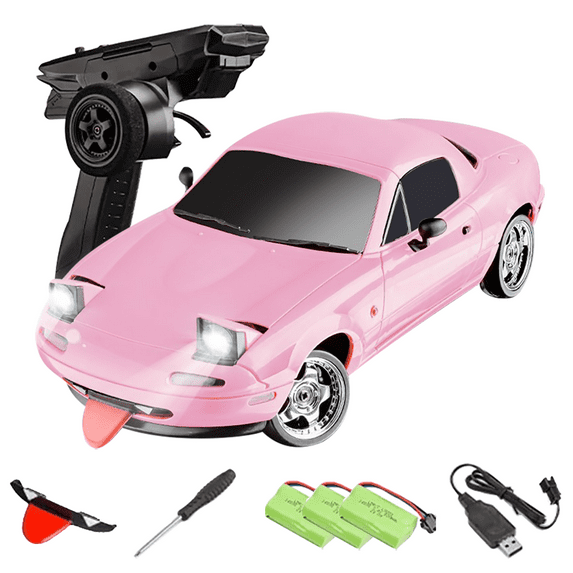 1804 1/18 Scale RWD RC Drift Car with Gyro Stabilization, LED Lights and Full Proportional Control, Alloy Body Shell Ready to Run Remote Control Car for Adult Hobbyists - 3 Batteries