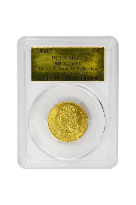 1808/7 $5 BD-2 Capped Bust, PCGS MS64+ Rare Coin
